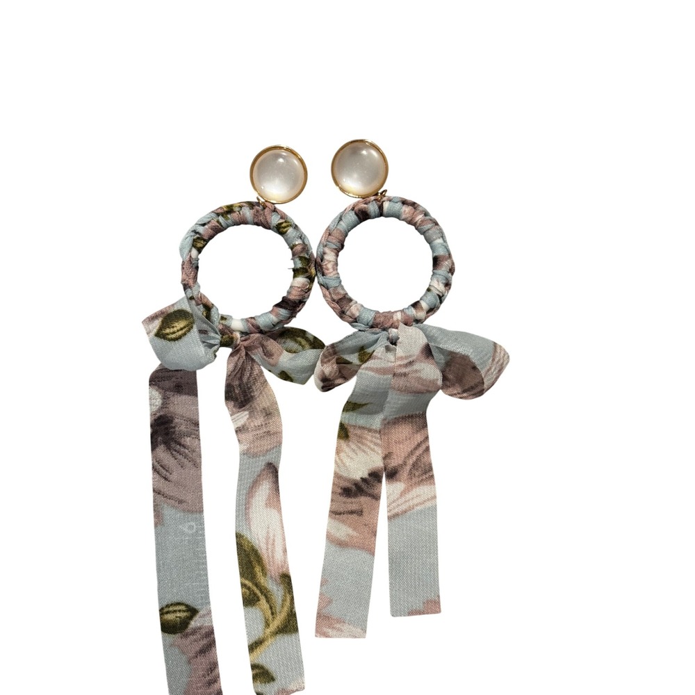 Floral Fabric Wrapped Hoop Earrings Blue Mauve Ribbon Bow Drop Statement Dangle